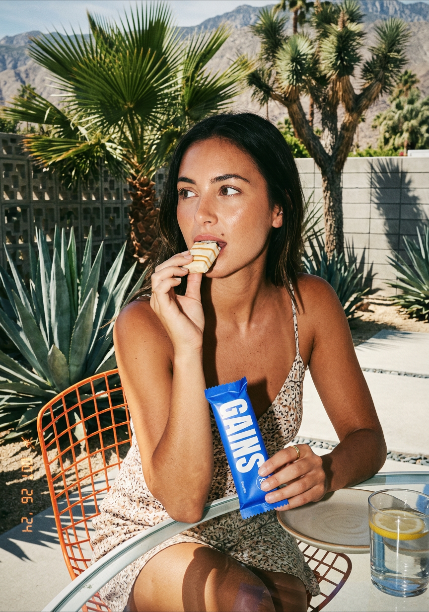 Lifestyle ad — woman enjoying protein bar poolside