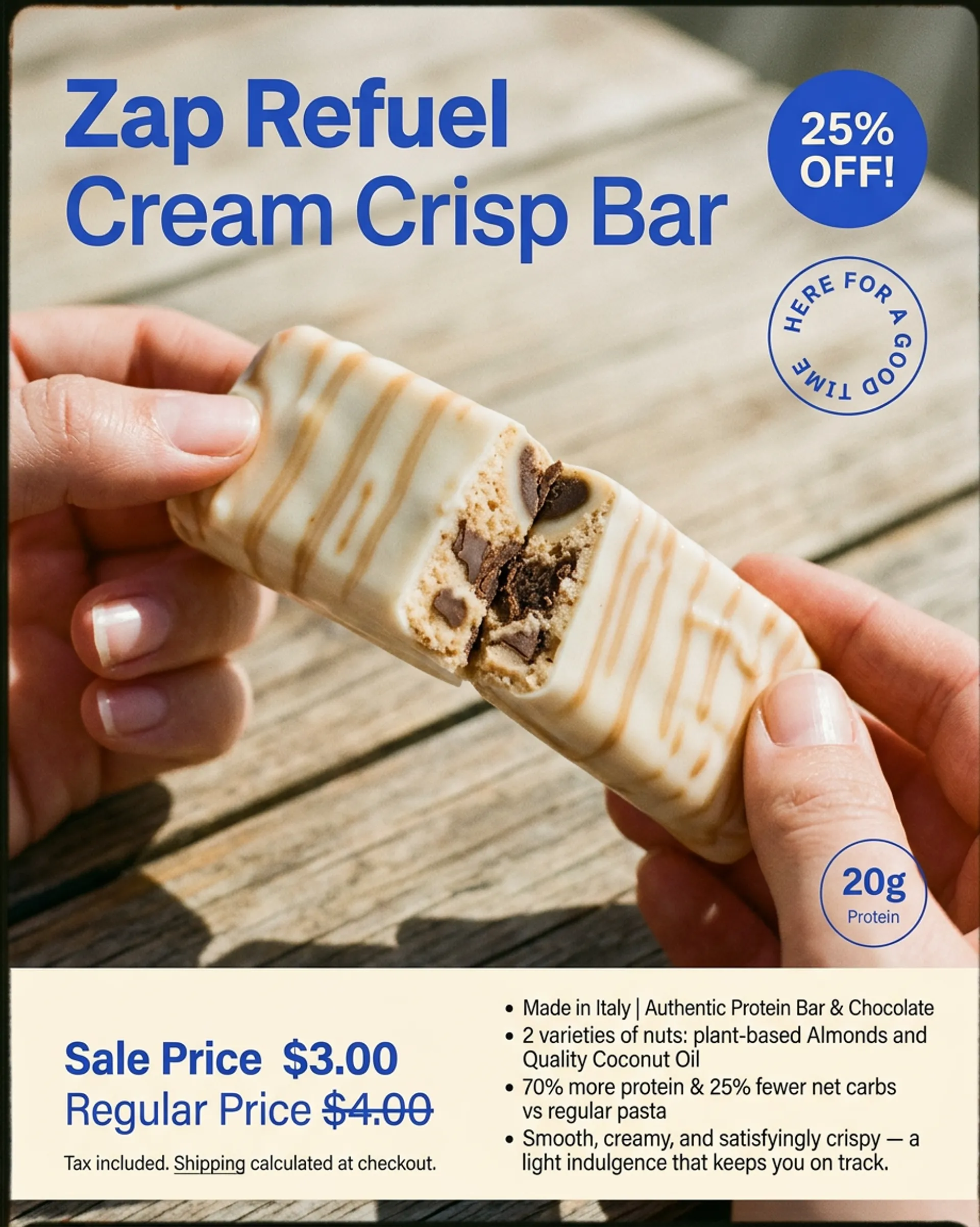 Product ad — cream crisp bar on wood table