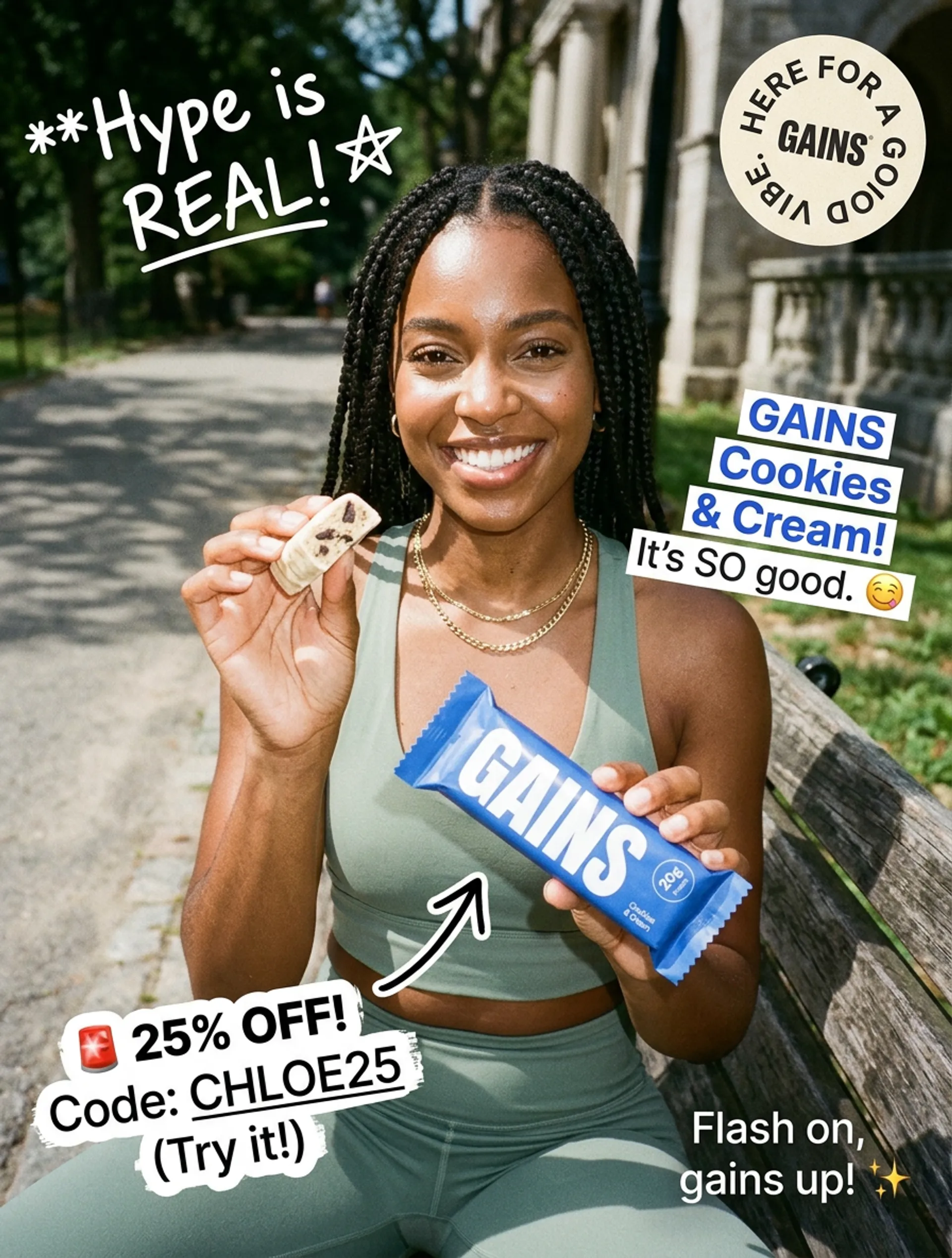 UGC ad — woman on park bench